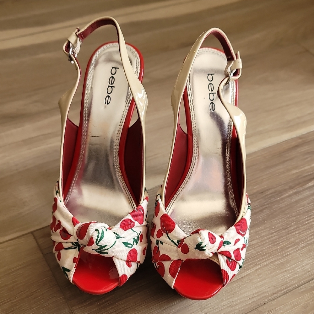 Bebe Red and Cream Slingback Heels with Bow Detail